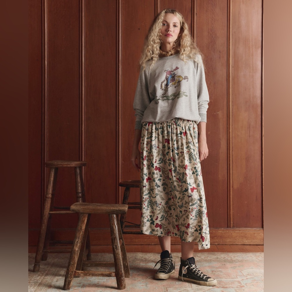 THE GREAT. Cream Floral Midi Skirt
